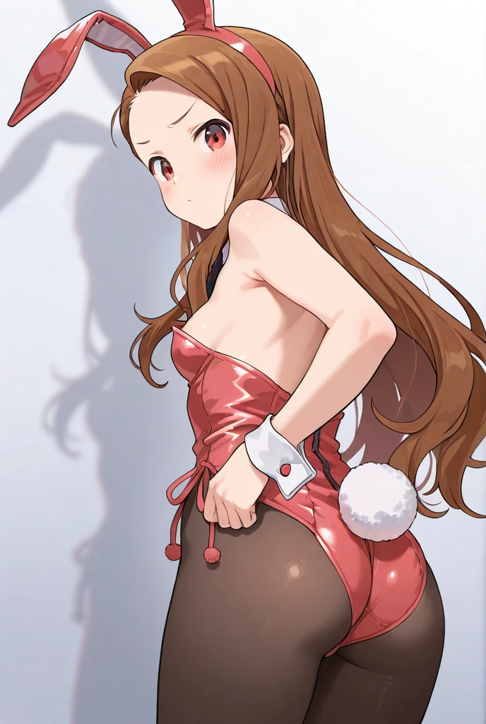 Minase Iori, score_9, score_8_superior, score_7_superior, sauce_anime, One girl, alone, whole body, From the back, One girl,alone,Glowing Skin, 大きいベッドのsuperior:1.3, Lying down, Glossy buttocks, cute, ブレークsauce_anime, CG, ,Dark brown hair, Pink rabbit ears, blush, Open your mouth, Embarrassed and a little angry face, Detachable white collar, Pink bow tie, clavicle:1.2, Exposing shoulders:1.8, Cleavage Bust 77cm, Height: 153cm, Pink strapless leotard:1.9, Shiny leotard:1.7, leotard bites into her buttocks:1.9, Pink Playboy Bunny, White wrist cuffs, High leg:1.9, Thong:3.5, White rabbit tail, She wears black pantyhose under her leotard:1.9, Shiny Pantyhose:1.7, Pink pin heels, View your viewers, Luxury, camel toe:1.1