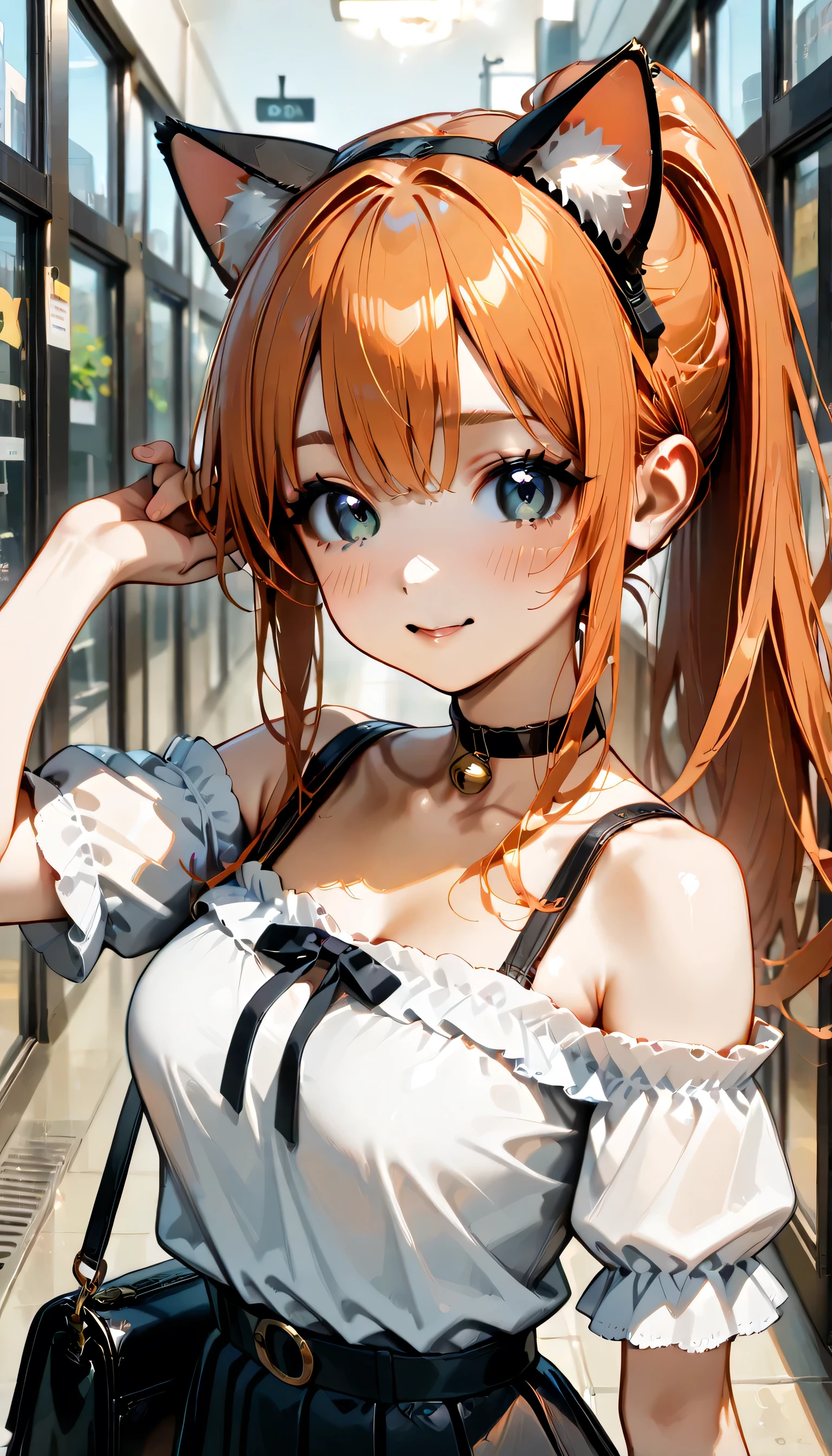 (score_9, score_8_up, score_7_up), source_Anime, absurd_res, white, purple, black, 1girl, solo, upper body, super fine illustration, an extremely delicate and beautiful, best quality, masterpiece, 8K, spring setting, shoppingmall, gentle breeze, sunlight, ponytail, long hair, ((red hair)):1.3, purple eyes:1.3, ((cat ears:1.4)), hair ribbon with purple, ample breasts, off-shoulder with bluepurple, culotte skirt with beige, shoulderbag, youth fashion, casual fashion, youth fashion, casual fashion, ultra-beautiful girl, fluttering hair, blushing faces, smile:1.2, embarrassed reaction, looking viewers, dynamic pose, contrapposto pose, soft fabric movement, fluttering petals, warm and bright atmosphere, soft lighting, delicate color palette, detailed clothing folds, flowing hair, lively spring vibe, highly detailed rendering, breathtaking composition,