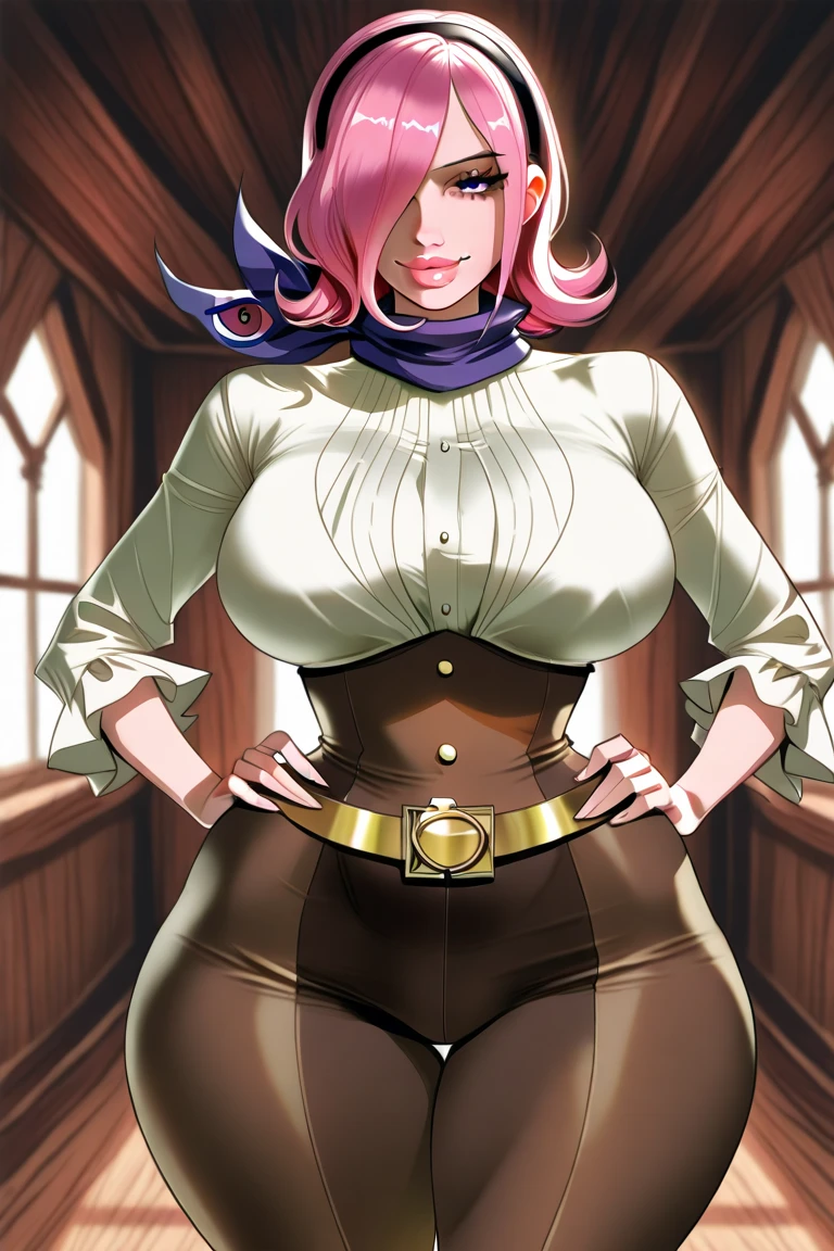 (score_9, score_8_up, score_7_up), (adult), POVgroping breast, close up, chest view, sitting, tongue out, wide hips, muscular, big breasts, pierced nipples, topless, suspenders, fingerless gloves, thong, open pants, pink lipstick, magenta eyes, magenta long ponytail, eyeshadow, blunt bangs, indoors, lounge, indoors, medieval interior, shadow, soft lighting, source_anime, rating_explicit,