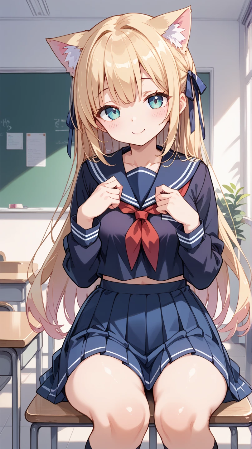 Best quality at best,High_Resolution,distinct_image,detailed back ground,Kizi,dampness,nakeness,Creampie,Flushing,Classroom,Blue school uniform,A shy look,Coquettish figure,On the desk