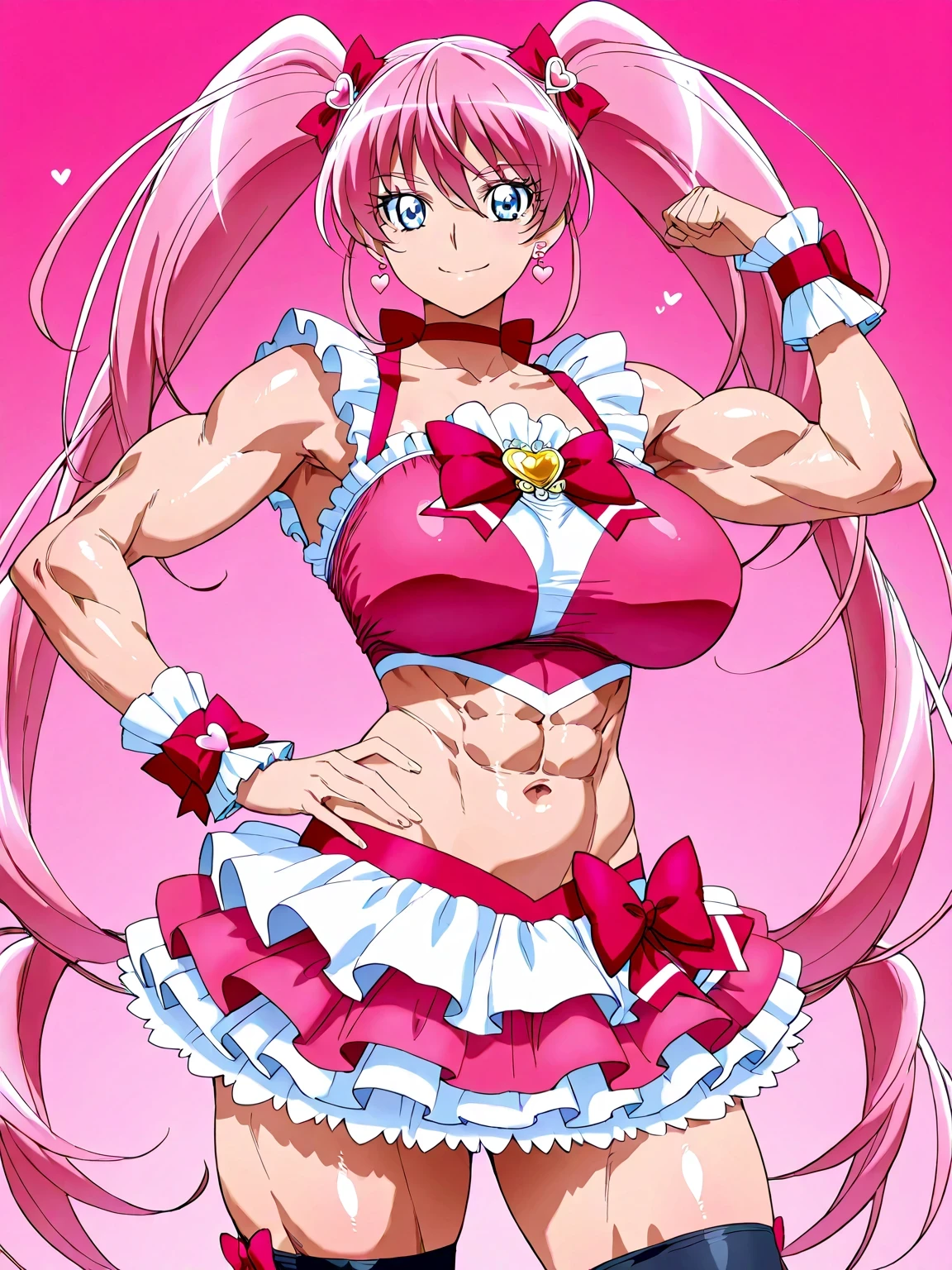 score 9 、score 8 up、score 7 up、source anime、masterpiece、Highest Quality、high resolution、anime coloring、1girl、cure melody、woman in crop top shirt、pink hair、high twintail hair、very long hair、blue eyes、eyebrows visible through the hair、bungs、eyelash、shiny hair、Close up of an anime image of a man wearing a head bow、 heart earrings 、hair ornament、 Zodiac Girl Knight 、Sparkling Magical Girl、ROYAL ELEGANT POSE、pink and red crop topドレスを着たアニメの女性、Anime Woman in a Belly Button Costume、wrist cuffs、jewelry、red neckwear、red choker、heart brooch、black legwear、black thigh high socks、red footwear、knee socks、red high heels、Pink and red shirt、pink and red crop top、frilled shirt、frilled crop top、frilled sleeves、Strong muscles、pink and red mini skirt、frilled skirt、layered skirt、white mini skirt under the pink and red mini skirt、red skirt bow、Muscular and strong、SEXY ANIME STYLE、perfect costume、beautiful charming anime women、beefcake standing、Magical Aura Around Her、toned body in a dark hospital、feminine and muscular、seductive anime male、 slender body、Portrait of a Zodiac Girl Knight、woman's focus、looking at viewer、solo focus、cowboy shot、Bare Thighs、brave beautiful、brave sexy、Bare Arms、collarbone、navel、abs、midriff、big breasts、very large breasts、stomach、Covered trapezius、biceps、biceps long head、biceps short head、triceps、triceps medial head、triceps lateral head、triceps long head、brachioradialis 、deltoids、anterior deltoids、middle deltoids、posterior deltoid、thigh muscles、semitendinosus muscles、covered hamstrings、covered adductor magnus muscles、brave smile、sexy smile、muscular woman、cure melody outfit、beefcake style、 pink background、
