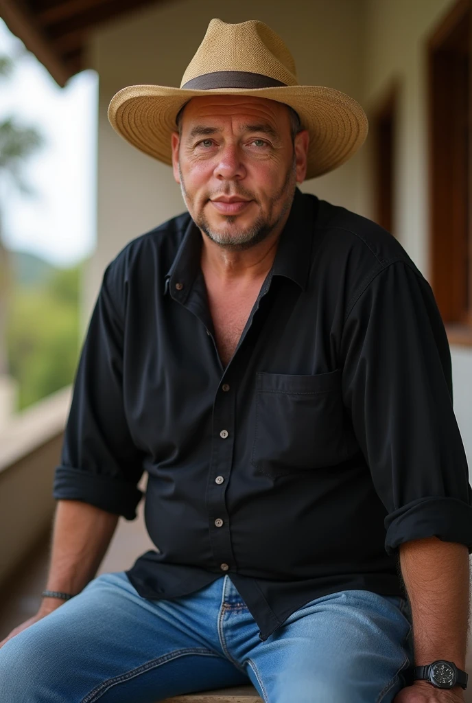 Imagine a Mexican man sitting alone in a bar. The atmosphere is warm and welcoming, with soft lights that illuminate the place. Around it, There are aged wooden tables and typical Mexican decorations., like hats and talavera. 
He wears a light cloth shirt and a palm hat.. He has a thoughtful expression on his face., with a slight frown. In his hand, holds a glass of wine, of which he has barely taken a sip. Through a nearby window, the evening light enters gently, adding a golden and melancholic tone to the scene.