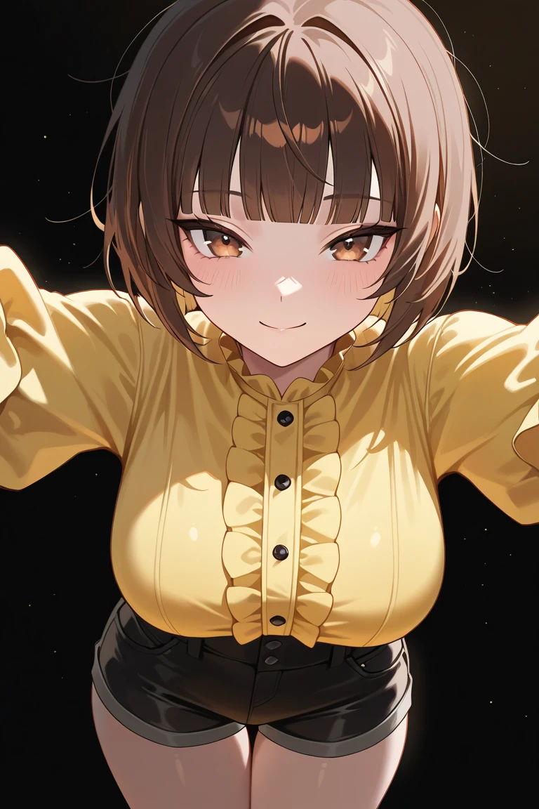(NSFW)), (RAW Photos, Best Quality), (animesque: 1.2), Solo, (((infp young woman))), (Sharp facial features), (smaller face), (High Detail Skin: 1.2), 鎖骨, Pretty face, Beautiful eyes, long eyelashes, (Brown hair, short-hair), Glossy fingertips, a smile, supreme curvaceous beauty, (In the city), (((Yellow skirt))), Wet, looking up at the viewer, ((From the top:1.5)), ((The clothes are fluffy)), (Full body shot:1.1), cleavage, Seductive thighs, ((Underwear visible from the chest)), ultra-detailliert, Professional Lighting, Photon mapping, Physically Based Rendering,
