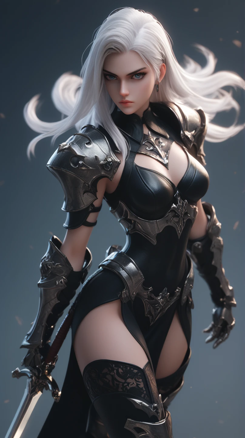 masterpiece,Game Art,Best picture quality,Maximum resolution,8K,(Upper Body),Unreal Engine 5 rendering works,(Digital Photography),((Upper BodyFeature:1.5)), 20 year old girl,Short hair details,Long bangs,(The red eye makeup is carefully applied),(With long gray hair:1.4),(Small breasts),Elegance and nobility,Brave and charming, (Standing dynamic posture),(The future armor combines the characteristics of Chinese armor,hollow-carved design,Power Armor,Mysterious oriental runes,Exquisite clothing patterns,Magic Flash),Future Warrior,Cyberpunk Characters,War Background, light，Ray Tracing，Game CG，((3D Unreal Engine))，OC rendering reflection mode