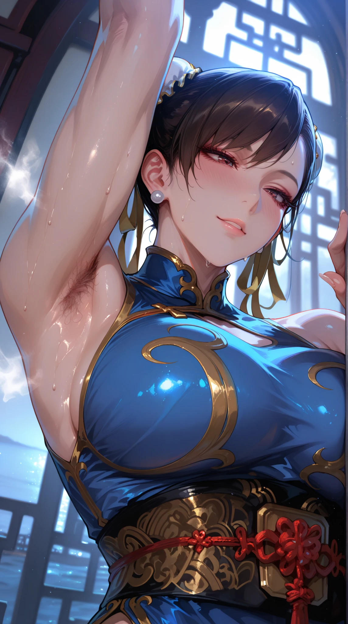(((1girl))), Chun Li, standing with hand on hip, holding piece sign over eye, (((brown hair in twin hair buns))), (((ribbons in hair))), (((Blue chinese dress))), (((brown pantyhose))), big boobs, (((big muscular thighs))), perfect body, sweat, spiked bracelets on both wrists, abs, in dojo at sunset, red lipstick, black eye mascara,