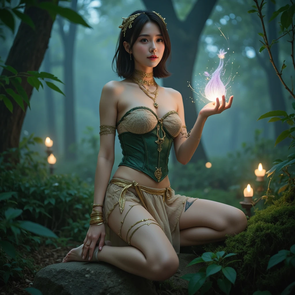 woman, age 30, milf, with an aura of mystery and enchantment, practicing ancient rituals amidst a forest illuminated by magical lights, intricate details,big boobs,sexy look