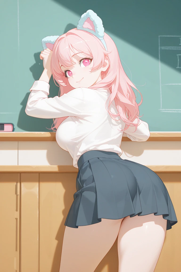 Beautiful Japanese teacher, in class, in a short skirt, shows her ass in a spicy way, thong, stockings with garters, stylistics future
