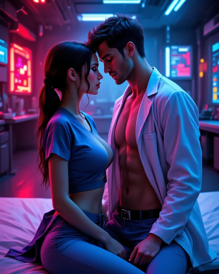 A sexy japanese scientist shoots a sexy white girl in the chest with a laser gun