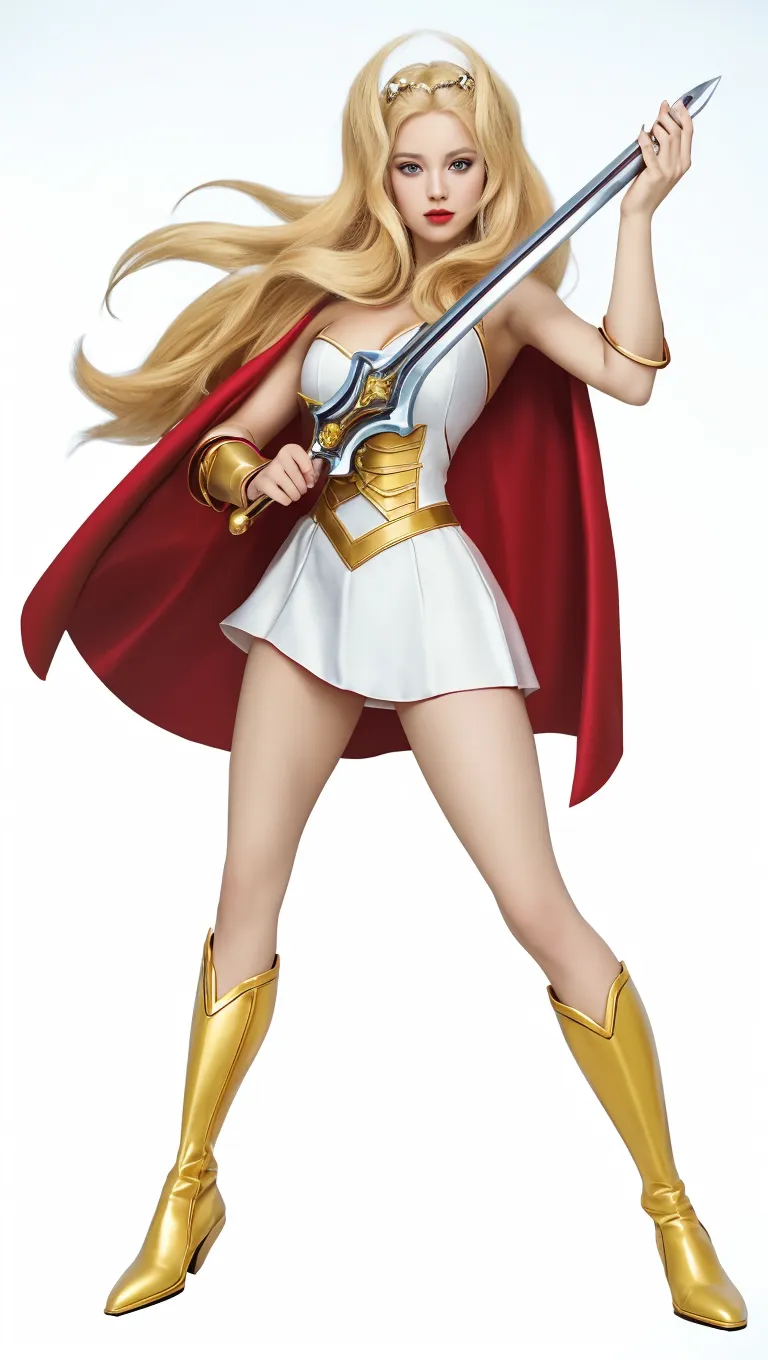 raw photo of a 1 girl, (Alone:1.3), 1 girl, Alone, she-ra, wide, by rubio, Blue eyes, tiara, White dress, choker, red layer, make up, lipstick, old, medium old, brace, wristband, looking at the viewer, portrait, weapon, sword, layer, parody, Grayskull Sword, sword of power, Boots, classification:safe, 1980s \(Style\), retro artStyle, dynamic pose, cocky smile, high , (muscled body:1.3), (female hands:1.3), cutaneous denture, narrow waist, Thighs, Wide hips, half eye closed, eyeliner, eyelashes, Perfect face, detailed eyes, facial lighting, looking at the viewer (Masterpiece, high quality:1.2)
