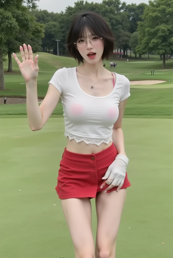 pretty girl、Cute Junior High School Student、NSFW、Super detailed、High resolution、transcendental beauty highest quality、masterpiece、knee socks、Majimix Real、(RAW photo:1.2)、(Photoreal:1.4)、Beauty in the beautiful details、and delicate expression、On the green of the golf course、blonde、(boyish:1.5)、blonde、brown hair、brown hairショートウルフヘアの髪、brown hairマッシュヘアの髪、((you can see me))(squat)、golf club、torn golf clothes、Sun visor、Golf Gloves、necklace、fancy piercings、eyelash、sparkling eyes、glossy lips、beautiful and detailed eyes、very detailed expression、Highly detailed face movie lighting、positive、((dynamic pose)))、(open stance))、(The wind blows up my golf skirt.:1.6), fancy 、torn golf shirt、Golf Shoes, (Open the crotch and expose the pubic area:1.5), (Accurately represents the shape of the female genitals:1.5), (Detailed depiction of the labia minora, vaginal opening, Detailed depiction of the clitoris:1.5), (spread your legs wide:1.6), (small breasts、I can see the nipples:1.5)、(No panties:1.8)、angle from below