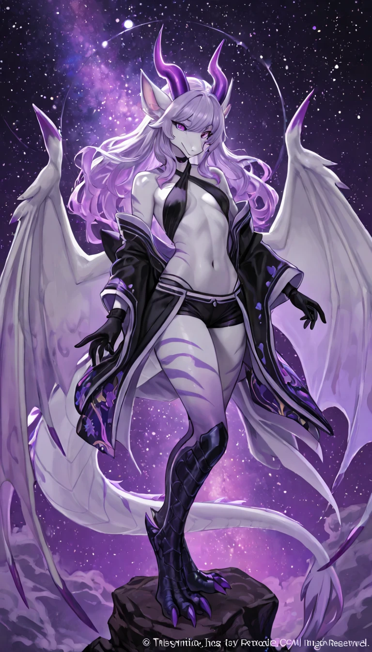 Age 30 years woman, Long gray hair with dragon Clip, Wearing a purple bodysuit with a Dark aura cloak, high heels, Third person view, looking at the desert, best quality, masterpiece, HD, Full Body, Night sky, variation angle, angry