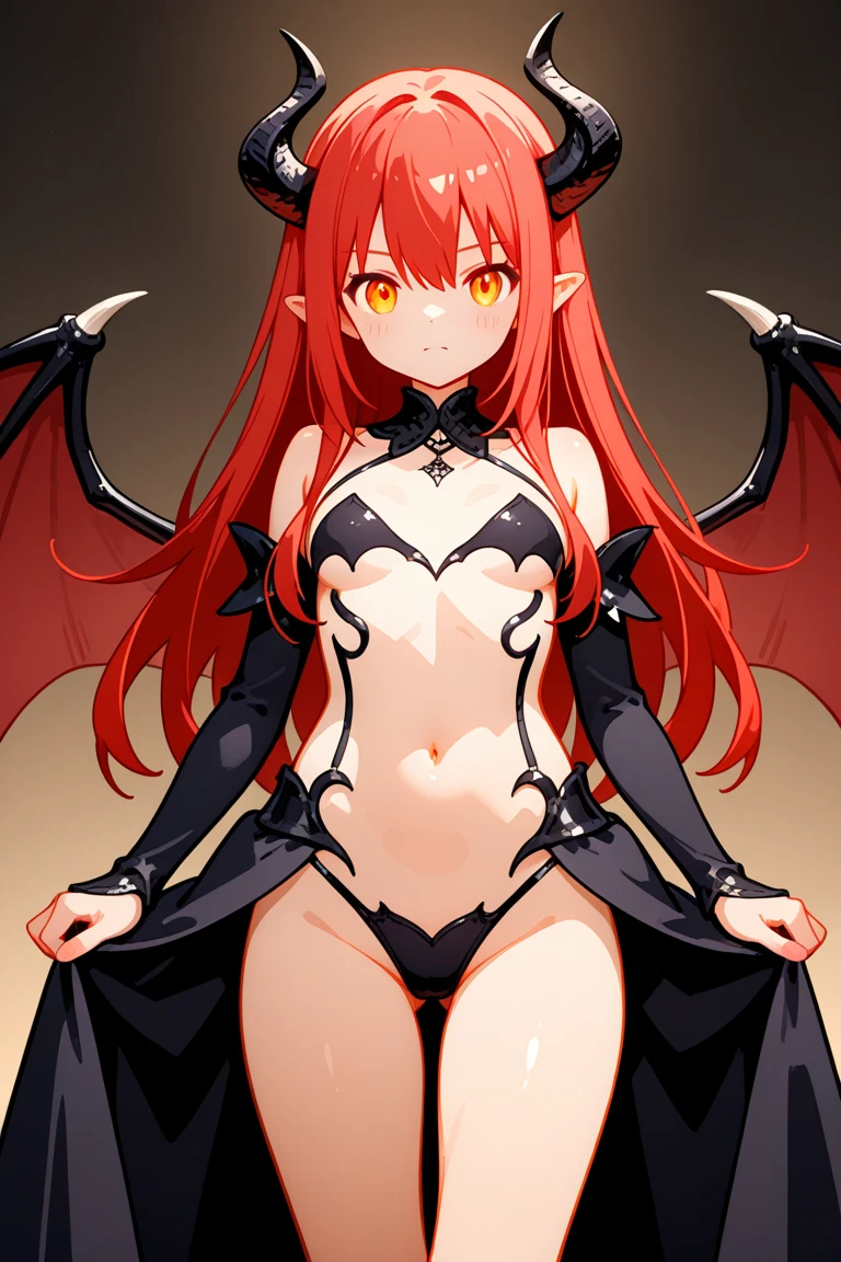 Dragon girl Hybrid. Cute. Red wings. Black horns. girl. Red hair long. Solo. Human face. Clawed hands. Revealing two piece outfit. Full body. SOLO. Red wings.