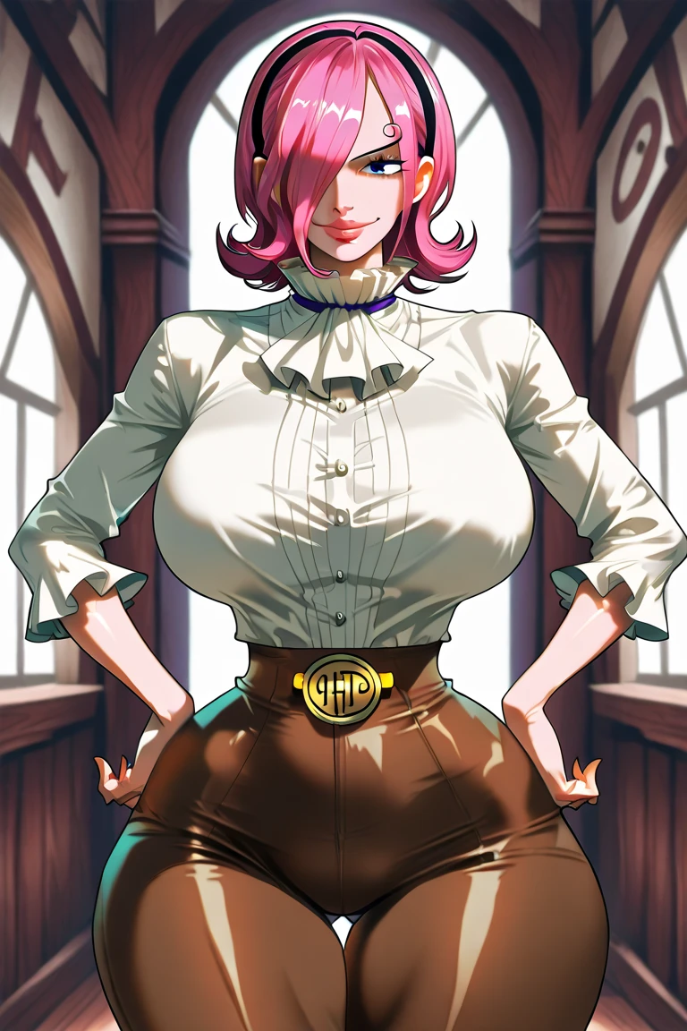 masterpiece, ((ultra detailed background, delicate pattern, intricate detail)), (highly detailed, fine details), best quality, beautiful lighting, ((medium breasts, slim girl)), 1girl, Lilith, (bangs covering one eye), ((light orange hair)), headphones, purple eyes, dark-blue jacket, ((pink bodysuit, full-body suit)), complex detailed background, inside, castle room environment, medieval castle, gray walls, window, bookshelf, (close-up, portrait), <lora:Lilith:0.85>