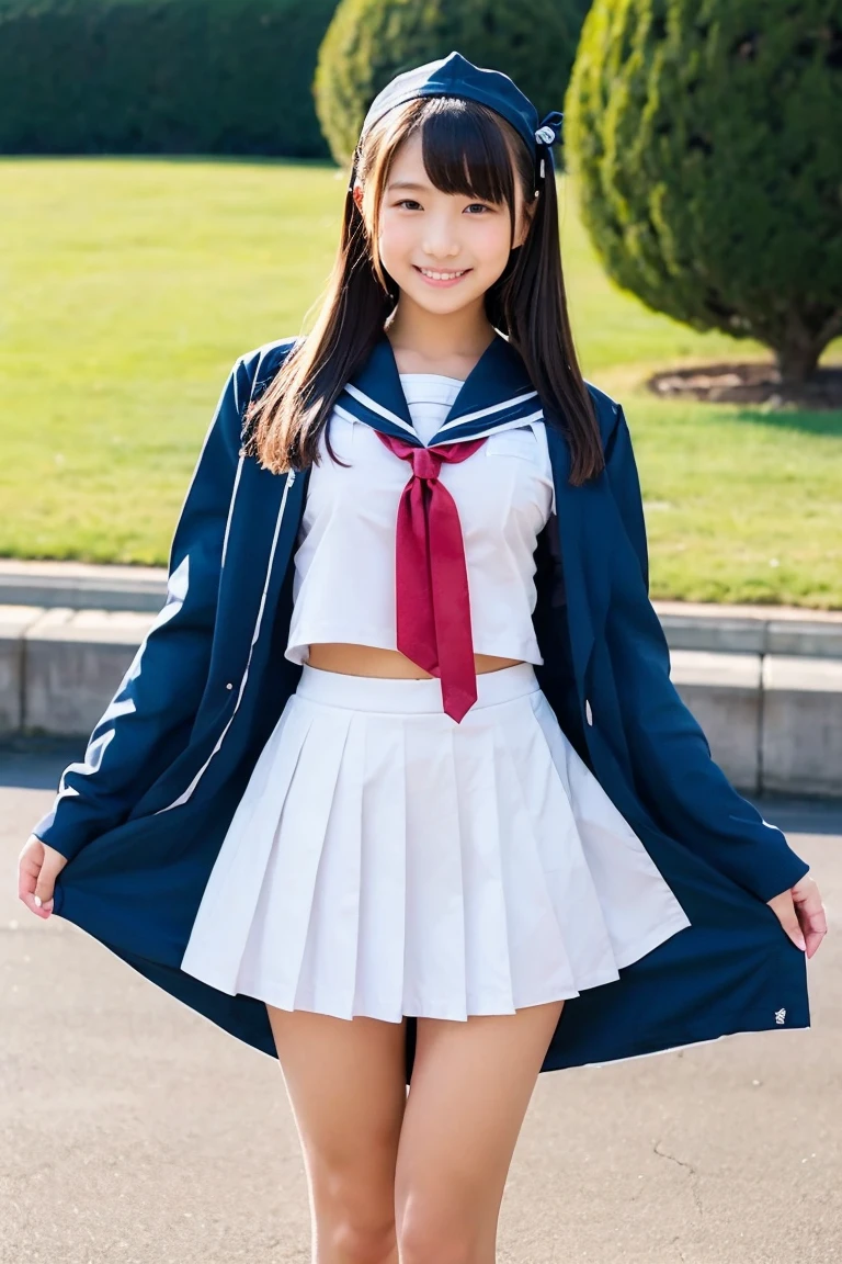 (Only one person), Pure Japanese school girl, wearing loose uniform, (panty), natural makeup and lips, thick eyebrows, natural hair styles, sweet smile, spread wide legs, lift up skirt, soft sunlight, summer atmosphere, sexual attractive, secret temptation, professional photography, 