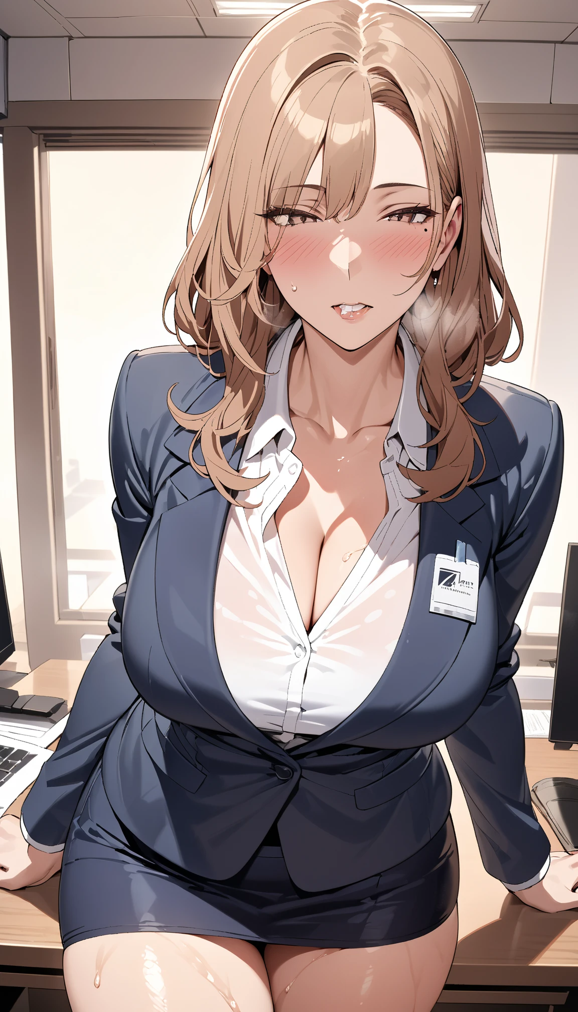 (masterpiece, best quality, detailed illustration, high resolution), ((1girl, solo)), ((huge breasts, slim waist, long legs, fit body, toned body)), ((brunette hair)), ((business suit, pants)), ((full body, closeup view)), ((standing)), ((looking at the viewer, facing the viewer)), office setting, ((tanned skin)), oiled skin, ((large breasts, mature woman, mature female, mature lady)), ((straight hair)), (detailed eyes), ((standing)), ((good eyes, better eyes, expressive eyes)), (glasses)