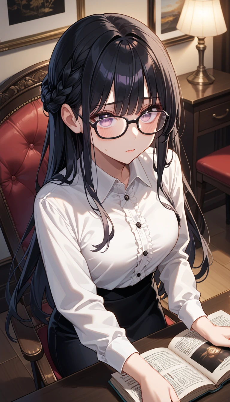 look back, plastic frame eyewear、Upper Body, Realistic, real person, (pale skin: 1.2), RAW photo, photorealistic, shiny skin, shiny hair、(25 year old woman with bangs) and (ponytail) and (black hair) and (purple eyes) , (Pink pajamas) 、surprised, (blush:1.3), The background is the living room at night、Alone、Are standing、