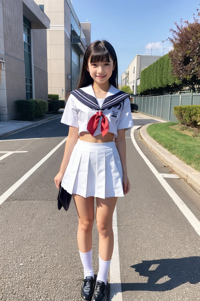 One person、One personで、An 18-year-old high school girl takes a photo wearing a short-sleeved white sailor uniform、victory、Twin tails、Tsundere、masterpiece、high resolution、Sharp focus)、Navy Blue Shirt、Red tie、Navy and red checked mini skirt、cute、Japanese women、17 years old、sexy、Laughter、(Perfect Anatomy、Delicate and beautiful hands and feet)、Yellow Wall,Small breasts、Nogizaka idol、Slim figure、sexy、I can see your thighs