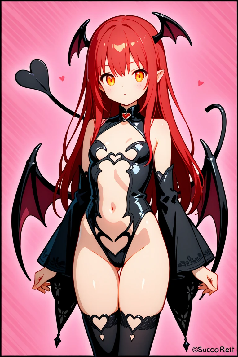Succubus girl, Long flowing pink hair, golden cat-like pupils, small horns, devil wings, heart-shaped devil tail at the end, normal skin color, 8K, 4K, anime.