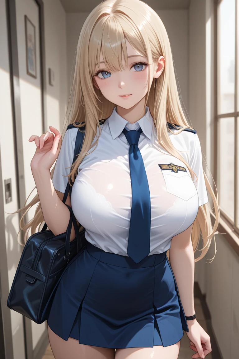 (((Skin exposed from disheveled uniform)))、((((make sexual advances))))、((((痴女))))、Nipples protruding from the bra、panties on、((((feel shy))))、((a blond))、beautiful Girl、Large beautiful breasts、cleavage of the breast、A slender、オマンコ、(((((Seduction while being shy)))))、(((s Office)))、((smil))