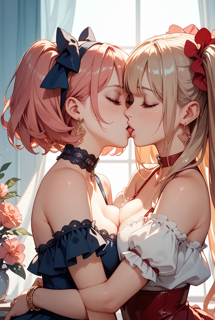 The two shyly kiss。Stick lips to lips。