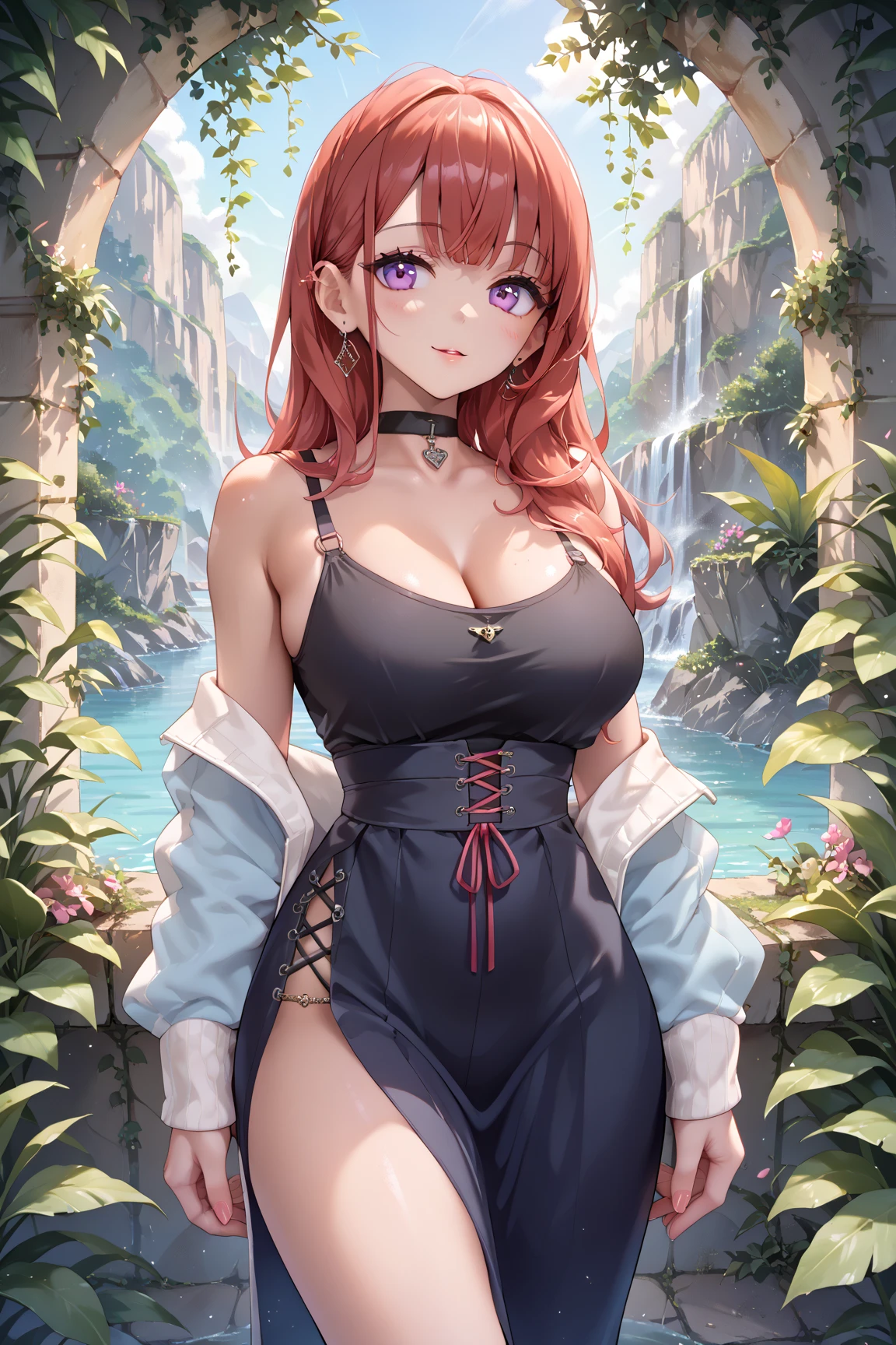 BREAK looking at viewer, BREAK (masterpiece:1.2), best quality, high resolution, unity 8k wallpaper, (illustration:0.8), (beautiful detailed eyes:1.6), extremely detailed face, perfect lighting, extremely detailed CG, (perfect hands, perfect anatomy),outdoor,castle,in middle,road,mansion,nature,eris greyrat, ahoge, hair between eyes, long hair, (red eyes:1.5), red hair, sidelocks, (medium breast:1.2),bare arms, bare shoulders, black hairband, black ribbon, brown skirt, hairband, long sleeves, neck ribbon, pantyhose, ribbon,shoulder cutout, skirt,stockings,cleavege,neckline,nipples see through,nipples,unbuttoned shirt,open shirt,full body,angry face,shy face,showing legs,showing feet,showing bra,showing breasts,showing panties,from above,bend over to camera.