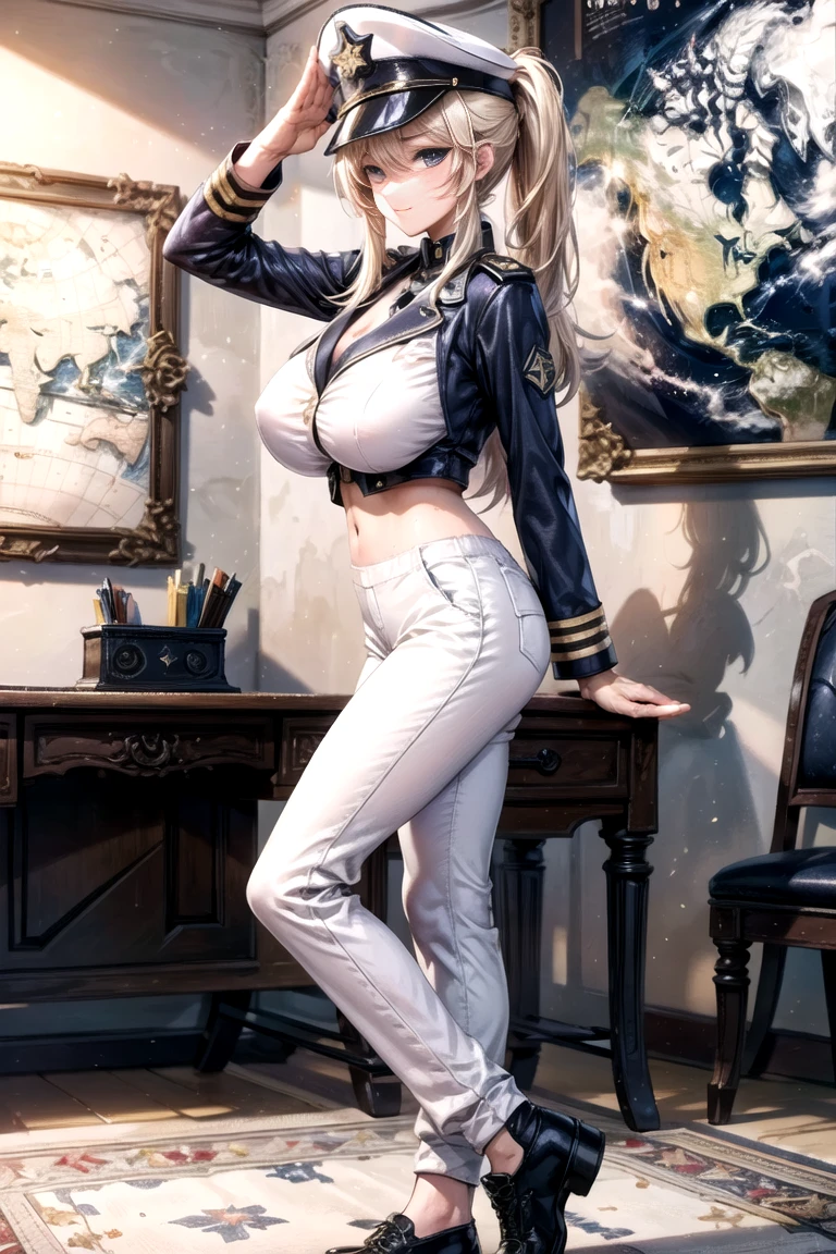 One female naval officer in Alafe、Big breasts about to burst、、thin and long legs,、Fitness Model、musculature、abdominals、Metallic Marine Blue Jacket、Metallic Long Pants、a belt、Metallic white shirt with breast pocket、hatting、neck tie、Five-fingered、Class Chapters、decoration、skin tanned、glistning skin、Cool smile、Pose ready to fight