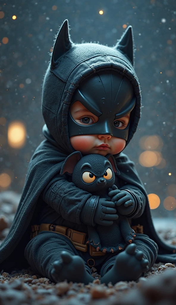 Close a powerful threat, The imposing appearance of the mighty Batman in the form of a baby dressed in beige uniform, azul-marinho e bronze em uma manjedoura, menacing stare, ricamente detalhado, Hiper realista, 3D-rendering, obra-prima, NVIDIA, RTX, ray-traced, Bokeh, Night sky with a huge and beautiful full moon, estrelas brilhando, 8k,