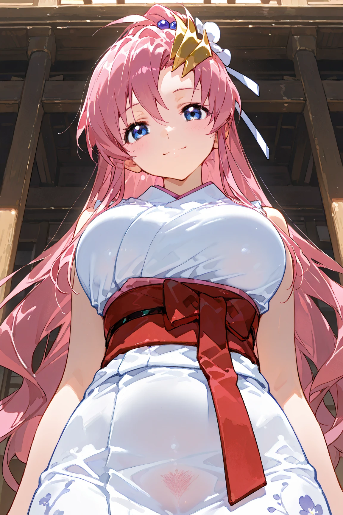 (extremely detailed CG unity 4k wallpaper),(masterpiece),(best quality),(ultra-detailed),(best illustration),(best shadow),(absurdres),(detailed background), <lora:OGT_Luna_Heela-v1:1> Luna Heela, breasts, 1girl, navel, long hair, cleavage, pink eyes, pointy ears, braid, midriff, solo, night, looking at viewer, crop top, sky, side braid, long sleeves, large breasts, blush, anime coloring