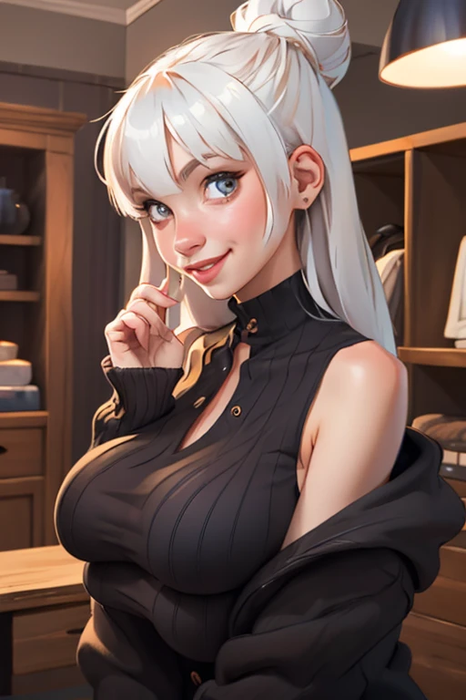 <lora:fanfoxy:0.8>, fanfoxy, masterpiece, best quality, 1girl, solo, closed eyes, grey hair, breasts, sweater, open mouth, official alternate hairstyle, skirt, braid, large breasts, choker, black choker, smile, sitting, black skirt, wavy hair, white sweater, off shoulder, blush, bangs, off-shoulder sweater, upper teeth only, :d, teeth, bare shoulders