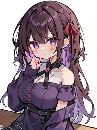 Absurd, High resolution, (Anime Style:1.1), ((Tabletop)), ((highest quality)), (Very detailed), (beautiful),beautiful face、(lift),length、アジイチGothタイル,Big eyes, Dense lines, Mixed Pattern,cute,1. Goth, Extending the pattern、Brown Hair、Purple Inner Color Hair、cute Ribbon、Black underwear、Purple eyes、Simple Background、Background gray、(((((One Girl、Purple Mining Suit、cute dress、Black lace underwear、Big Breasts、Underwear with visible cleavage))))(体On top of that部、(((((One Girl )))))、((((On top of that、Youngest son))))、、{{{{{体On top of that部}}}}}{{{{{{{{{{体On top of that部}}}}}}}}}}{{{magic}}}, ({{{{{Simple Background、Fluffy hair}}}}})Medium format film camera, Natural blur background,