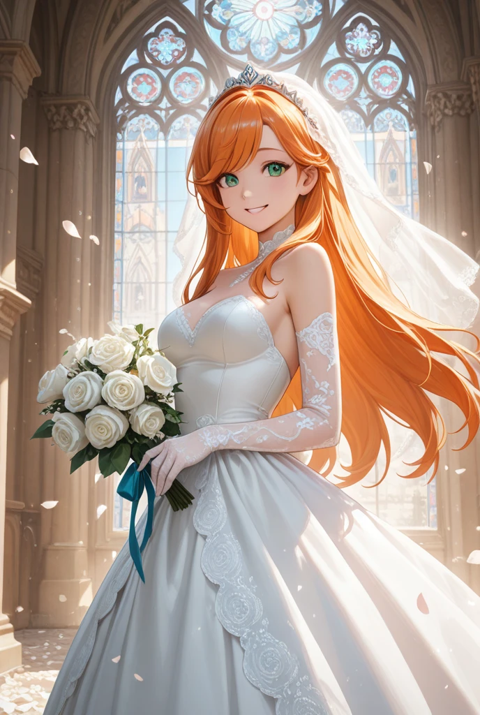 Anime characters Evangelion Asuka Long hair holding flowers Yellow hair Smile sunset Big Sitting on a chair Wearing a wedding dress