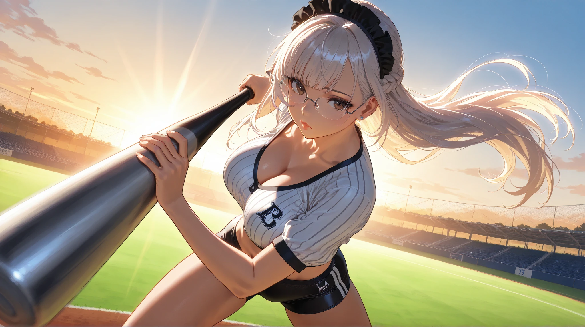 (super detailed, realistic, 8k) one person, Super Sonico at a baseball game, wearing a ball cap,(nude:2.0), eyes are very detailed and even and deep brown color,
