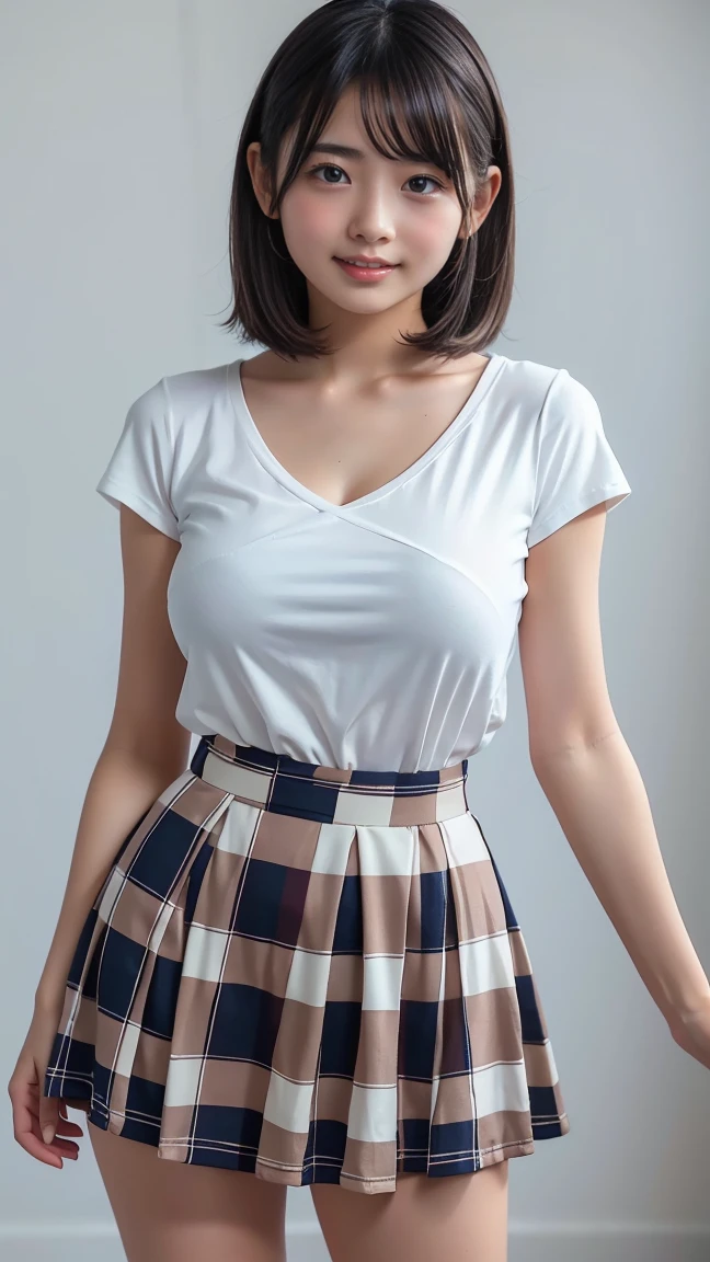 NSFW, 8K RAW photo, highest quality, masterpiece, ultra high resolution, film grain, movie, 1 girl, looking at the viewer, natural skin texture, Realistic eye and face details, full lips, lip tick, (compensate), Random hairstyles、A sloppy smile、beautiful feet, skinny, slim_feet, alone, big 、cleavage, pose with your butt facing yourself, super short skirt, teeth, shirt, beautiful natural location, Around Hanaba, (detailed background), Plaid skirt, white shirt, Show a little cleavage through the shirt, loafers, blurry background、holding, Plaid, short sleeve, brown hair, bangs, school uniform, parted lips, pleated skirt, written boundary depth、(shirtの胸元が大きく開いている)、Chest looks good:1.2