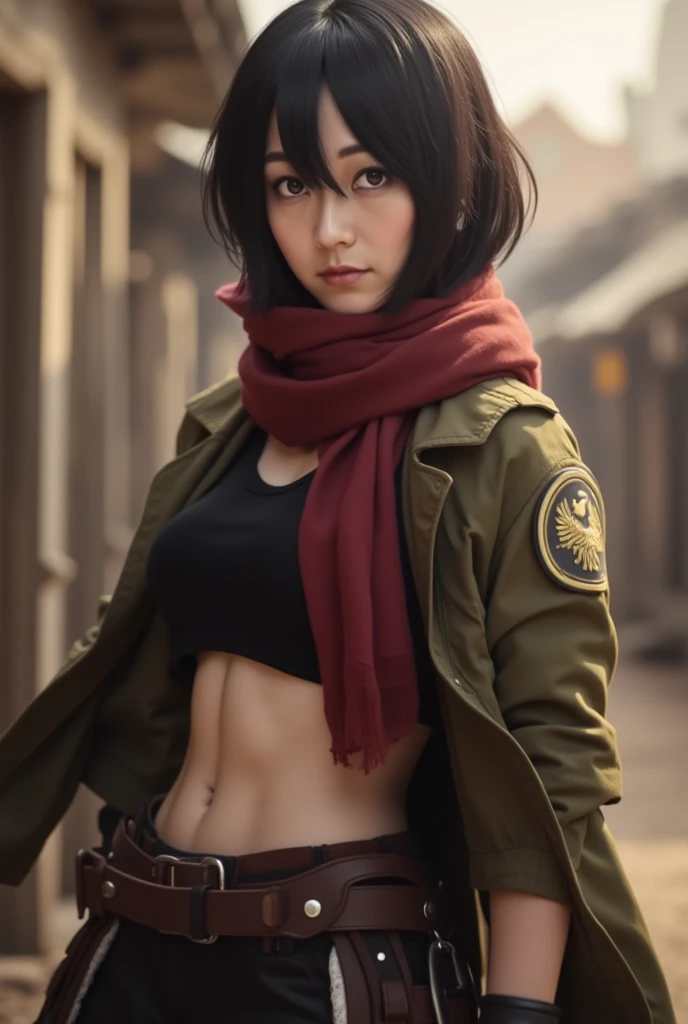 Master Parts, Best Quality, Haute, hmmikasa, Short hair, Black eyes, School swim wear, Underwear for the lower body, Swimwear Scarf, emblem, Belt bag, Thigh strap, red scarf, White pants, Brown jacket, shortsleeves, The sword, outside of house