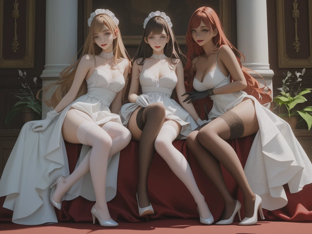 Multiple sexy servant girls standing or kneeling in front of the protagonist princess,Maid skirt and stockings in the background, The protagonist is a noble young princess sitting on a throne in a bridal wedding lace dress and stockings, Full body shot, Show the whole body from head to toe, There are only women on the picture, Background inside the palace, White and even teeth, Makeup, lipstick, Slim body