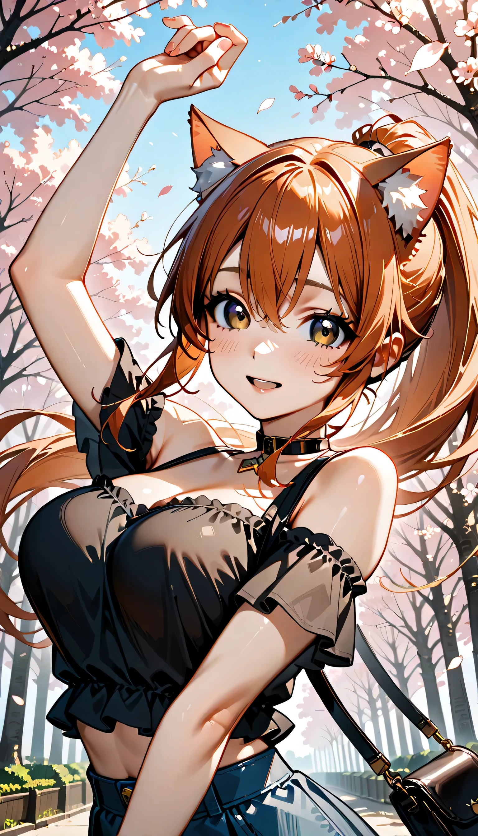 (score_9, score_8_up, score_7_up), source_Anime, absurd_res, white, purple, black, 1girl, solo, upper body, super fine illustration, an extremely delicate and beautiful, best quality, masterpiece, 8K, spring setting, shoppingmall, gentle breeze, sunlight, ponytail, long hair, ((red hair)):1.3, purple eyes:1.3, ((cat ears:1.4)), hair ribbon with purple, ample breasts, off-shoulder with bluepurple, culotte skirt with beige, shoulderbag, youth fashion, casual fashion, youth fashion, casual fashion, ultra-beautiful girl, fluttering hair, blushing faces, smile:1.2, embarrassed reaction, looking viewers, dynamic pose, contrapposto pose, soft fabric movement, fluttering petals, warm and bright atmosphere, soft lighting, delicate color palette, detailed clothing folds, flowing hair, lively spring vibe, highly detailed rendering, breathtaking composition,