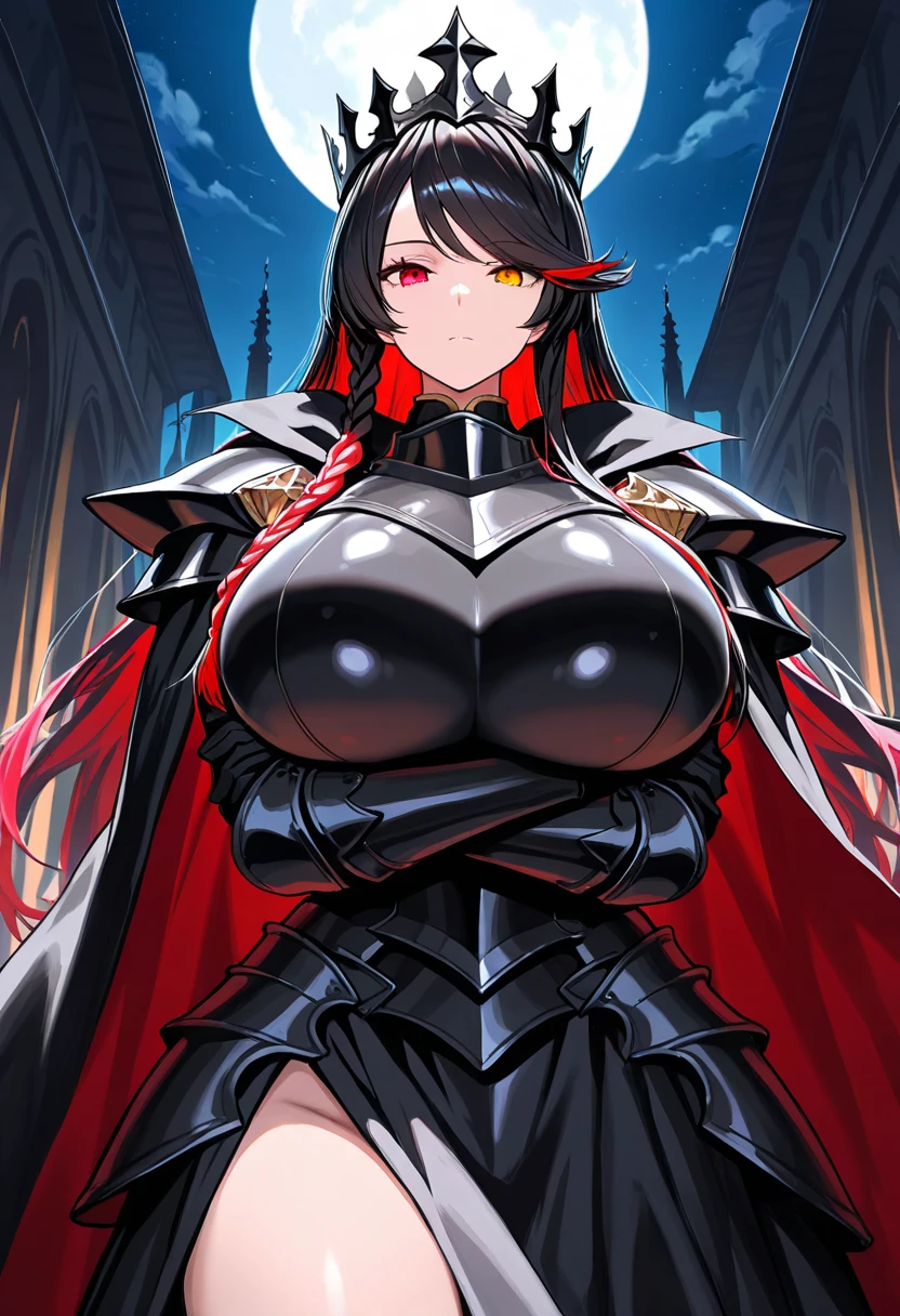 masterpiece, extra limbs, 1zombie lady, 25 years old, (white long high ponytail, white pubic hair), (((droopy eyes blank black eyes))), (((out of focus:1.5))),medium pointy breasts black nipples,large dark areolae, muscle, (((grey skin color:1.5))),(((afterglow open mouth saliva))),serious, standing, (((clothed dark black knight armor cape))),indoor cemetery,