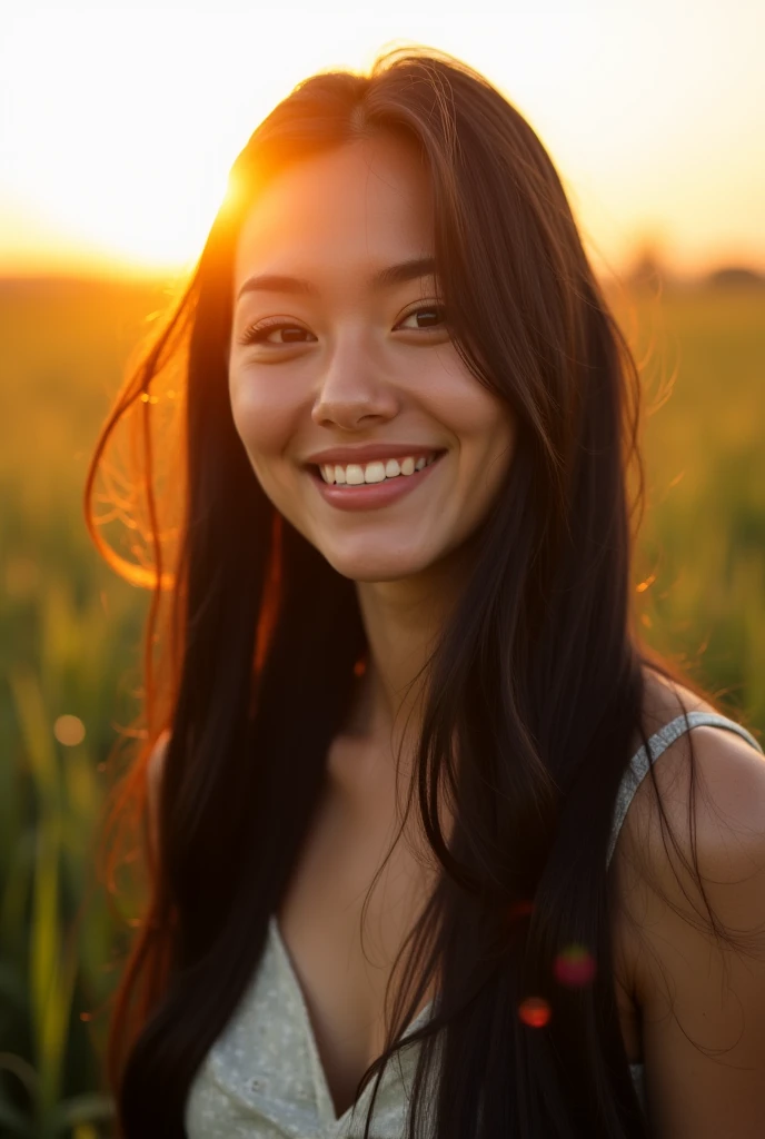 Japanese ),((beautiful girl)),Cleavage,Expressions that express a pleasant feeling:1.2,(Perfect body beauty:1.2),((Perfect body)),(A shy smile),Beautiful Teeth,Wheat field,