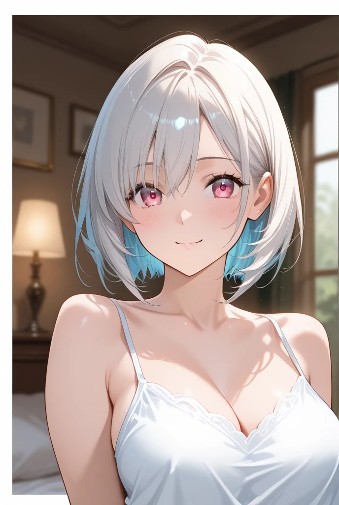 shenhe, long grey hair, beautiful face,smiling,close up to hips, moderate breast:1.1,sitting on a bed,wearing white sleepwear, (open mouth:0.4),illustration,detailed textures,ultra-detailed(realistic),portrait style,vivid colors,soft lighting. blushing, emphasis on breast