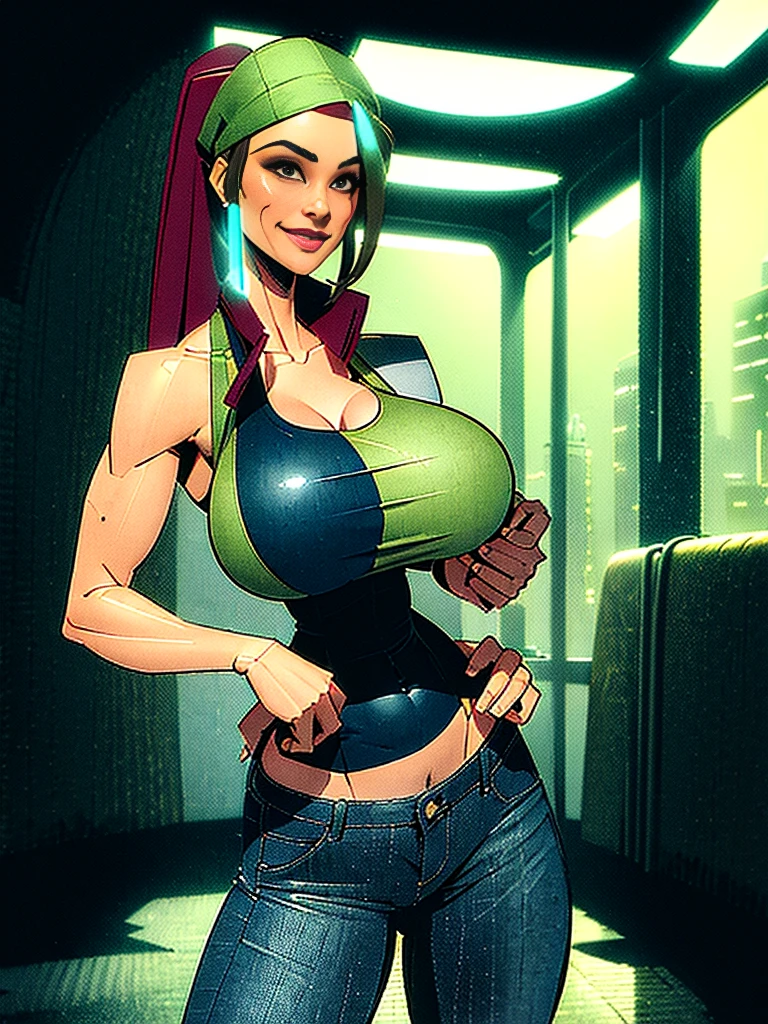 1girl, Dungeons and Dragons rogue character ((topless, black corset, hooded cowl, leather thigh high boots, massive breasts: 1,4, colossal cleavage: 2.0, exposed breasts)), r, luminous skin, exquisite face, round face, steady look, ponytail multicolored burgundy hair, wide hips, glowing mouth, thick-thighs, muscular arms, grinning, bulging woman, symmetrical eyes, detailed hands, detailed eyes, attractive body, beautiful and full figured body, chubby body, curvy body. striking a delicate pose