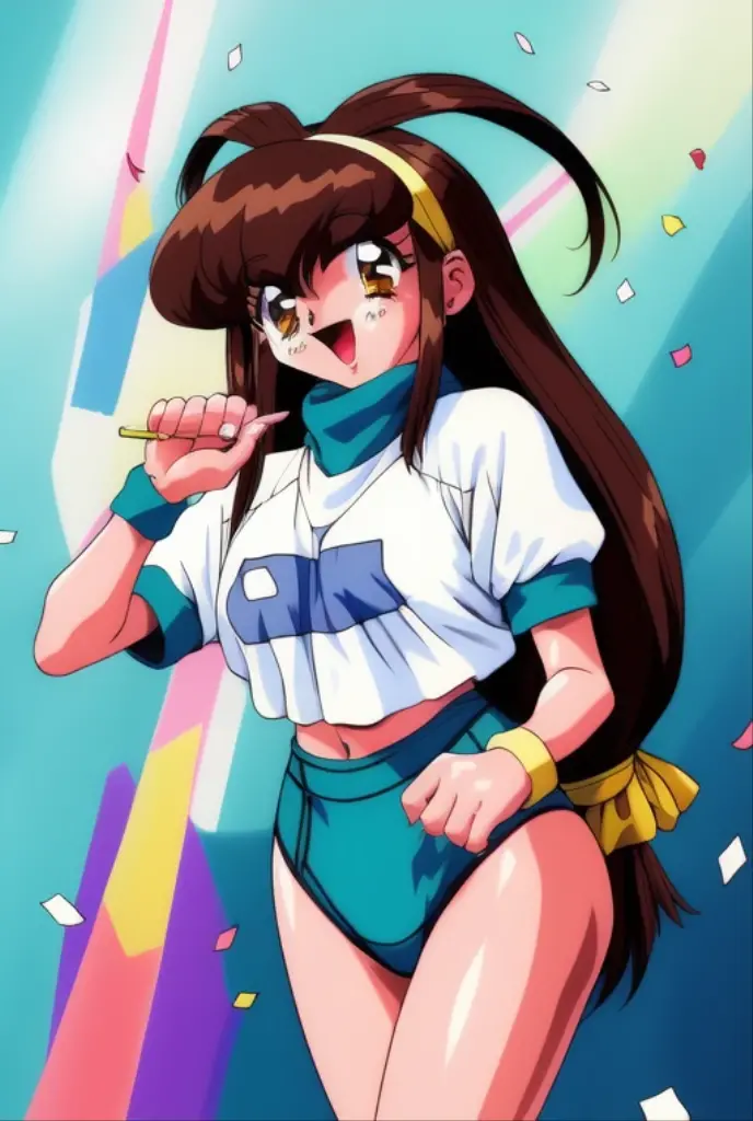 <lora:Kanzaki_Akari:1>, KanzakiAkari, 1girl, long hair, low-tied long hair, solo, brown hair, brown eyes, retro artstyle, open mouth, wristband, buruma, 1990s (style), confetti, gym uniform, navel, short sleeves, hairband, holding, smile, party popper, cowboy shot,
masterpiece, high quality, very_high_resolution, large_filesize, full color,