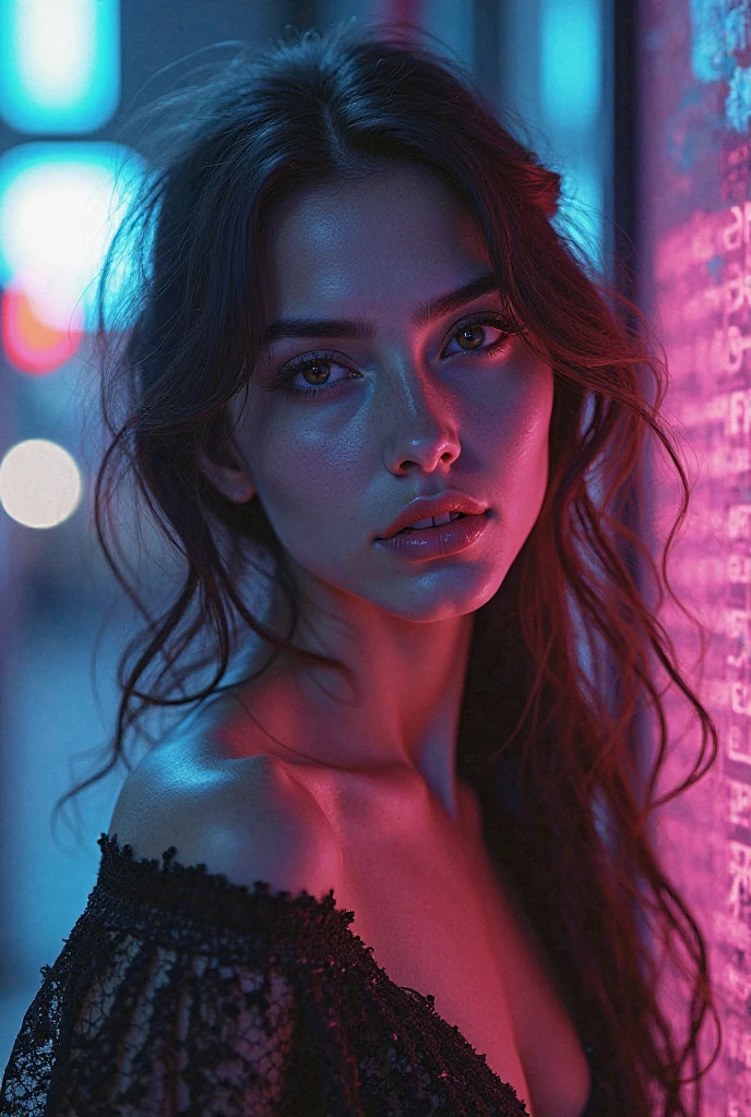 A beautiful, sensual woman combined with vibrant, intense multicoloured neon full moon