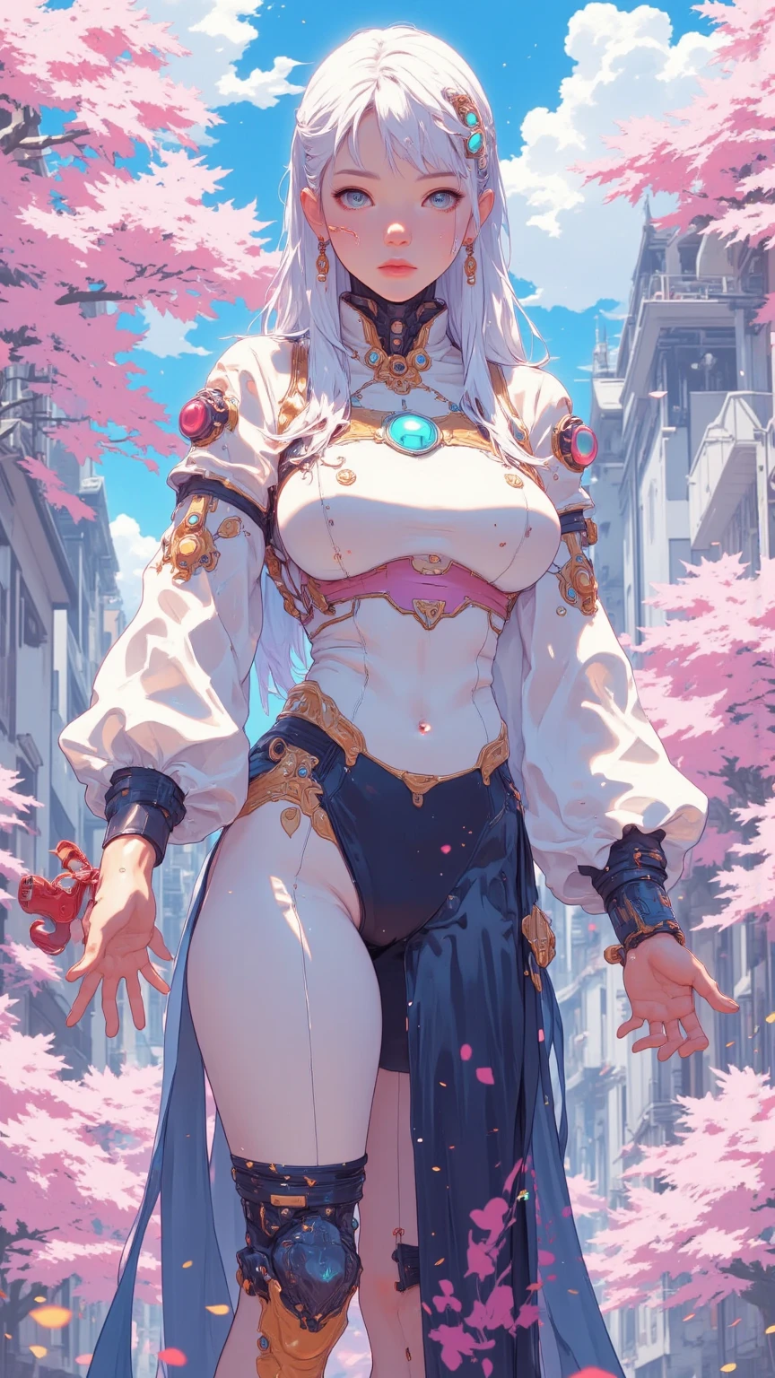 charlotte,long white hair,purple lips,right thigh rose tattoo,blue eyes,
pink leotard,long sleeves, 
scarf,gloves,boots,helmet,
standing,legs,
outdoors, sexy anime girl, sexy girl standing, sexy girl wearing transparent swimsuit, transparent swimsuit, visual  through blouse, half-naked girl, transparent clothing
(insanely detailed, beautiful detailed face, masterpiece, best quality)