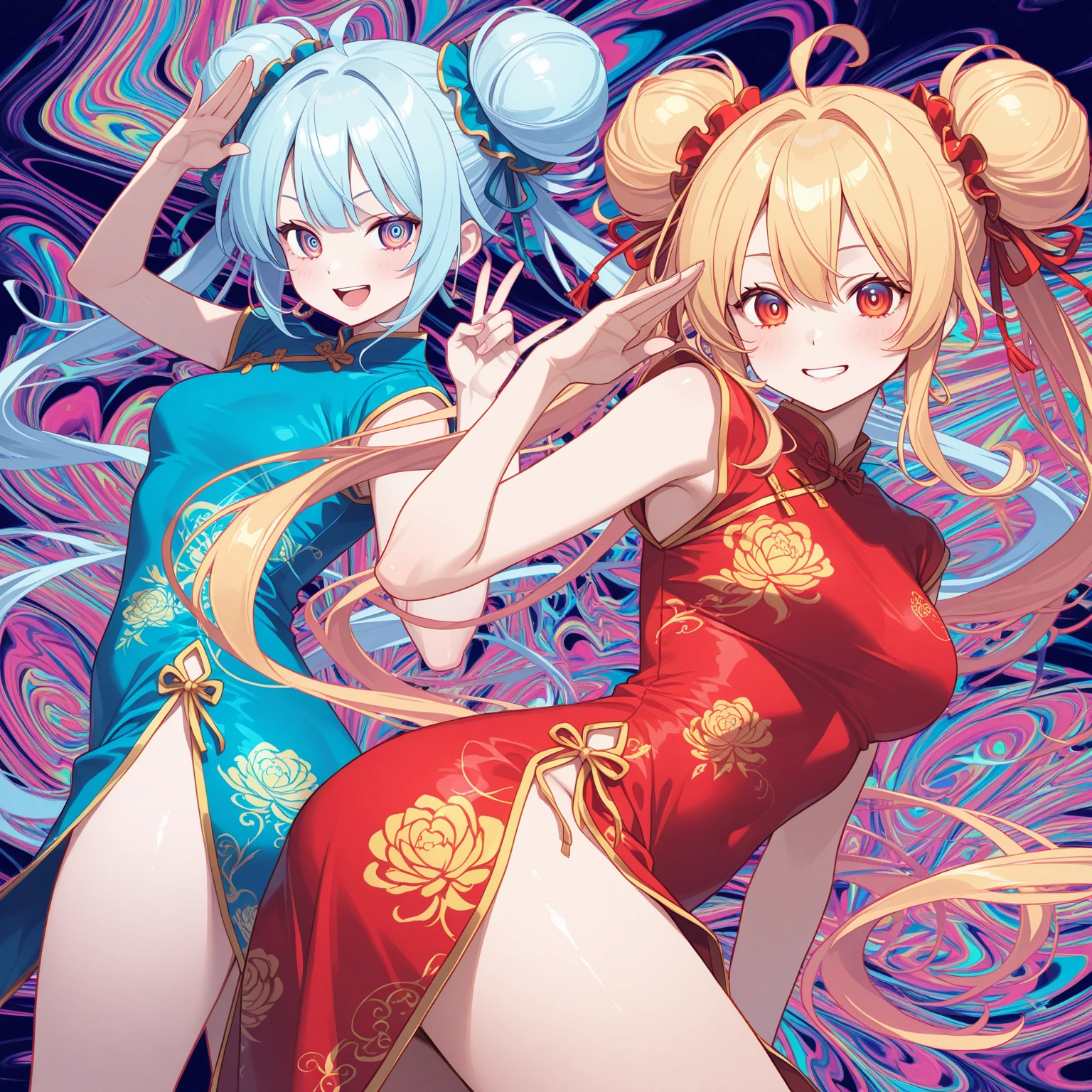 (​masterpiece、top-quality、top-quality、Official Art、Beautifully Aesthetic:1.2)、(1girl in:1.3)Light blue long hair、Twin-tailed、adorable smiling、ighly detailed、(Fractal art:1.1)、(colourfull:1.1)(florals:1.3)、highestdetailed、(Zentangle:1.2)、(dynamicposes)、(abstract background:1.3)、(shinny skin)、(many colors:1.4)、、(耳Nipple Ring)、(pluma:1.5)、(Flamethrower:1.3)、Red background、Phoenix dress、