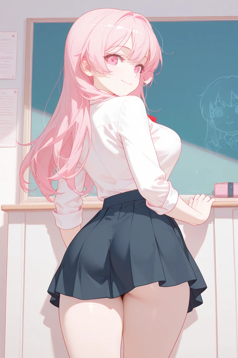 Highest quality,20-year-old,,Beautiful girl with black hair and twin tails,,(((White and pink tight mini skirt dress))),,Laughing with your mouth open((Patent leather thigh-high boots))(See through),blush、Big eyes、Heart-shaped pupils、Very embarrassed face,,((Looking Back))(Wet with sweat)Reflecting the buttocks,Thong、Lots of sweat、Glowing Skin、Night City、Illuminated from the front