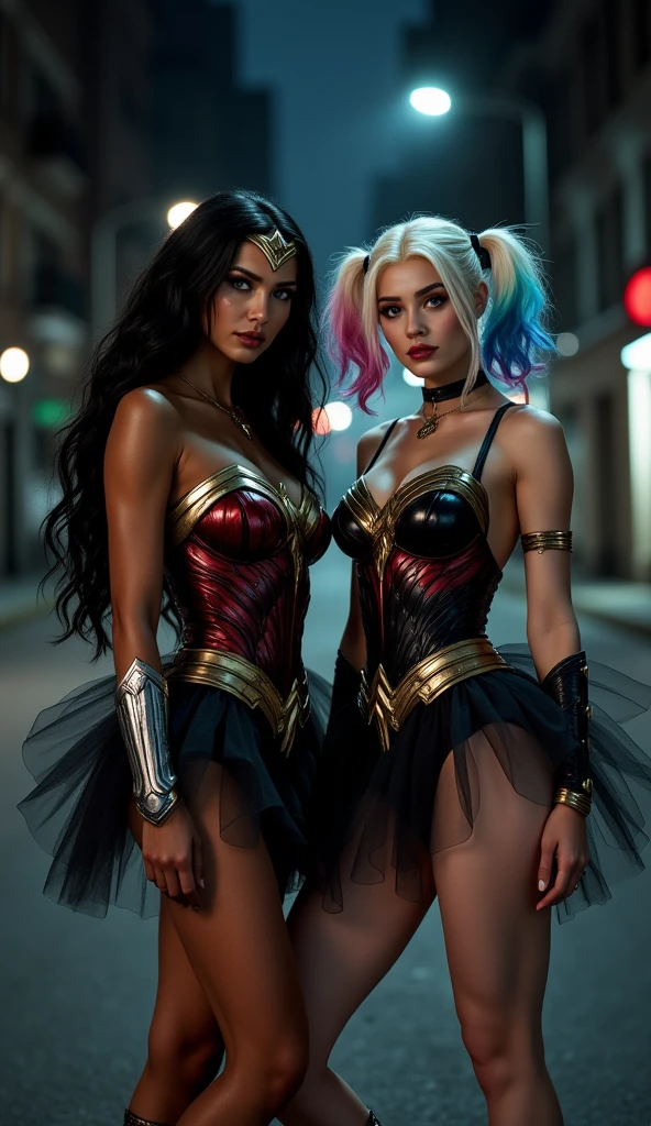 Uma garota, gothic, muito branca,de cabelos pretos,wearing sunglasses and bikini,com um colar de ankh, ao lado da mulher maravilha numa praia, no estilo de quadrinhos de justice league