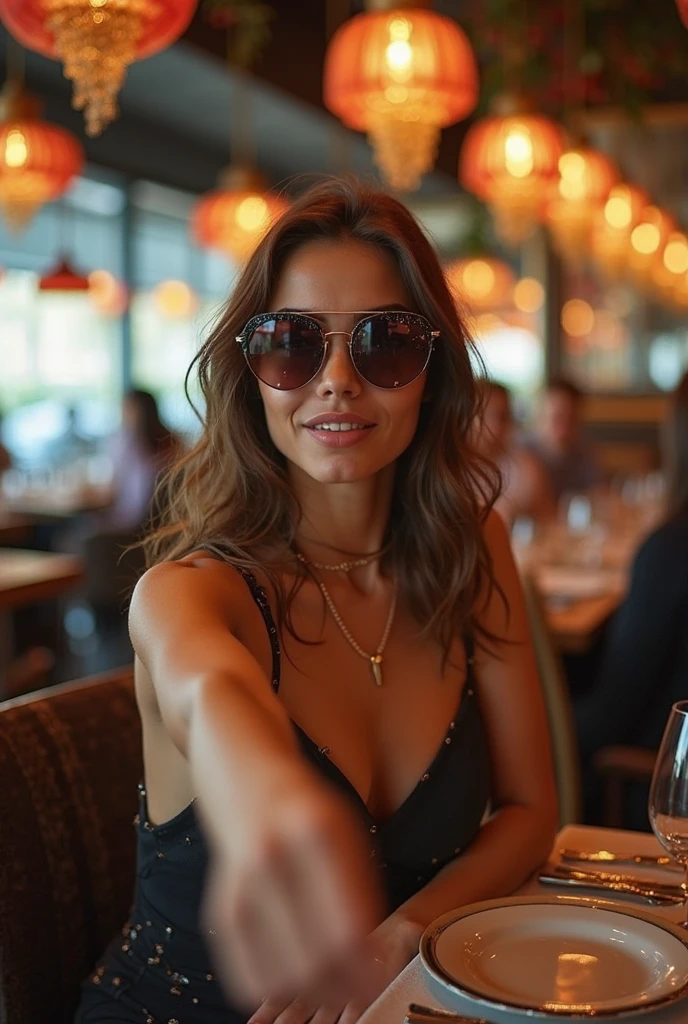 beautiful face , woman , analog style , instagram photo , in a cafe , wearing a lingerie and sunglasses , selfie , RAW ,
