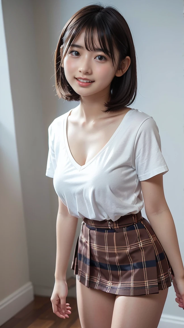 Masterpiece、Highest quality、Like the picture、Realistic、High resolution、Very detailed、Tabletop、Best image quality、Award-winning works、Cute school girl、Girl portrait photography、Glowing Skin、Brown Hair、Sculpture Pose、(The simplest pure white background:1.1)、(Big Breasts:1.3)、(Accentuate your body lines:1.1)、Very short hair、smile、T-shirt、mini skirt