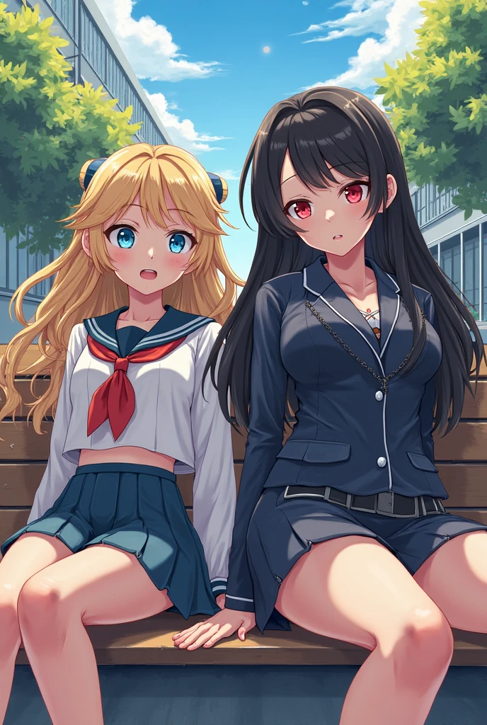 highest quality、High resolution、detailed background、beautiful and detailed face、beautiful and smooth skin、skin texture、professional lighting、Beautiful teenage girl、((three women))、(huge breasts:1.1)、underboob、panty shot、sexy panties、playfully、
sexy sailor suit、Pleated mini skirt with tartan plaid pattern、cute hairstyle、side ponytail、Cute High Socks/on your knees、cute knee high socks、emphasize the chest、smile、laughter、smile、sexual expression、school trip、Pose against a backdrop of buildings and landscapes