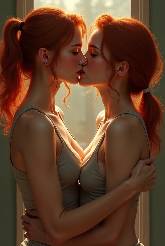 2 women, one with long red hair and the other with dark brown hair (work of art,Distinctive Quality,mirror-like,Cinematic experience,insanely detaileda,absurderes),8k,wall-paper,(ray tracing),Physically based rendering,ultra-fine painting,Narrow your focus,break(1 female),(corpo astral:2.0),(beautiful  face),(gorgeous eyes),(perfects eyes:1.6),(shining skin:1.2),(random hairstyles),(random hair color)break,(Ultra high leg bodysuit:2.0),(breasts big),(Sexy thighs),(functional),(voluptuous),(正面:2.0),(all-body:2.0),(Look up at me),(detailed hands:2.0),(beautiful female hands:2.0),(goddess portrait,Cosmic aura,universe space,iridescent particles,Light Diffuse Reflection),(彼女はゆったりuniverse spaceに浮いている:2.0)
